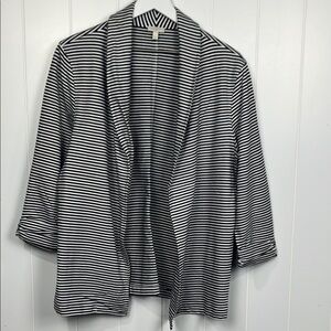 Talbots Womens Open Front Cardigan L Black White Stripe Shawl Collar 100% Cotton